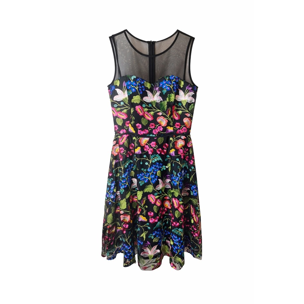 Tahari Arthur S Levine Floral‎ Embroidered Dress Women 4 Black Mesh Excellent